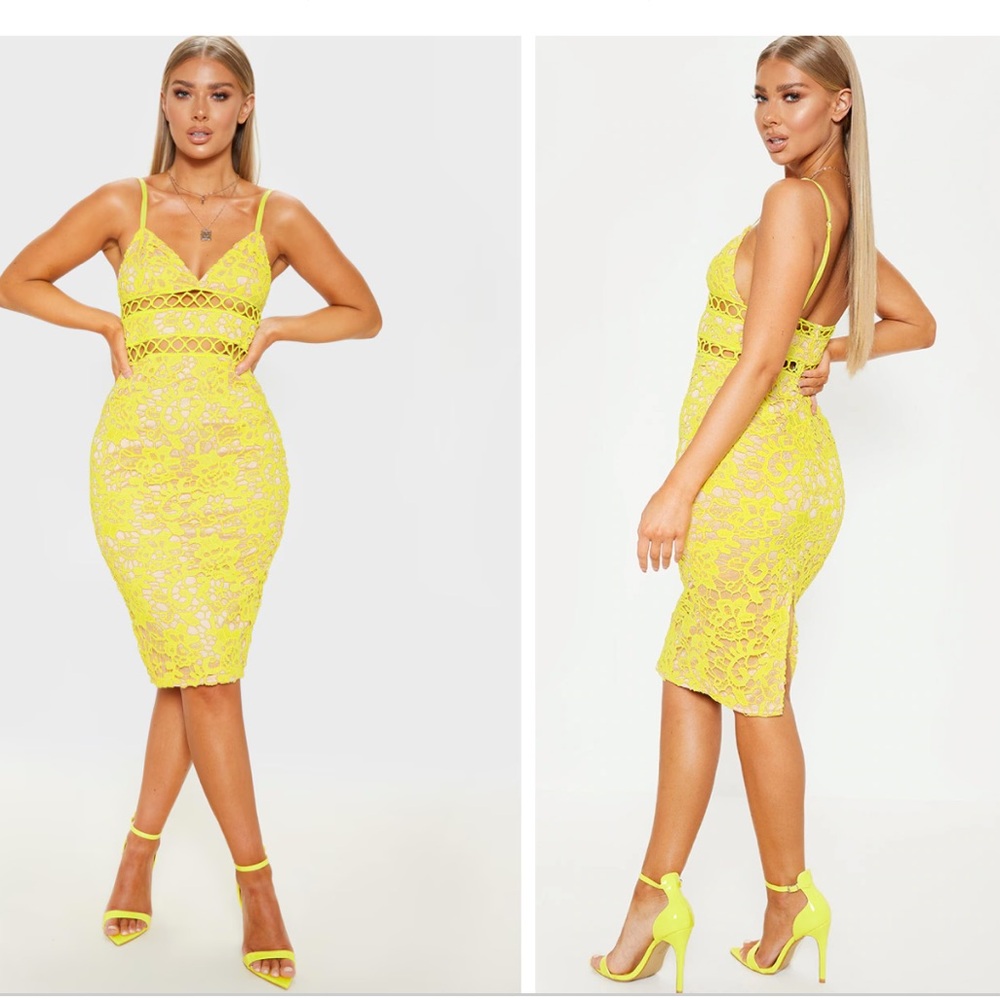 Prettylittlething Yellow Lace Midi Dress